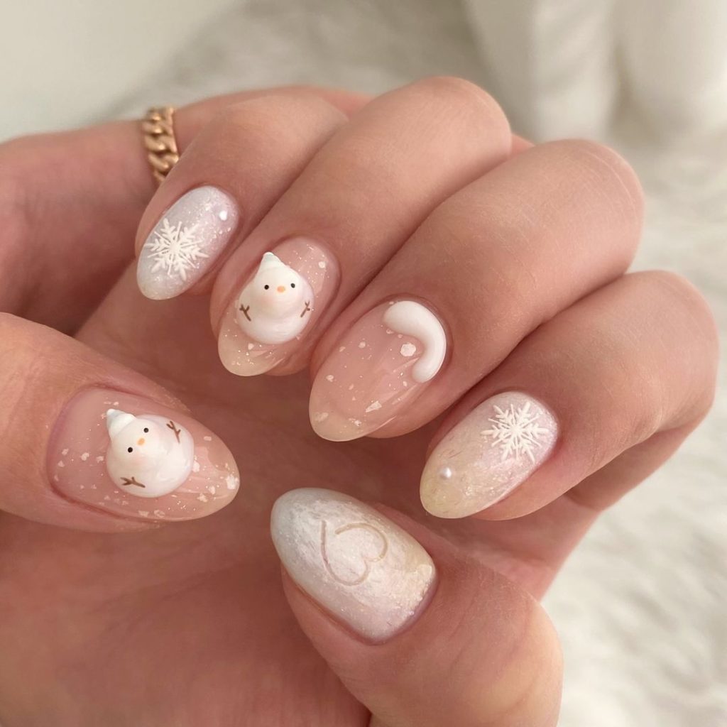 Mẫu nail noel tuyết trắng kết hợp họa tiết nổi