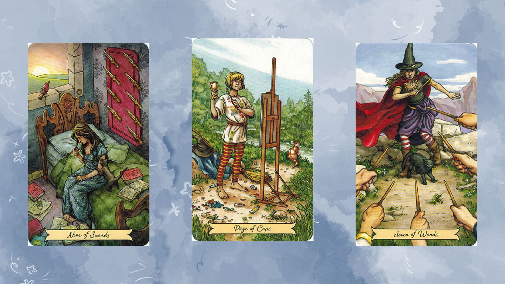 trải bài tarot tụ 2 gồm Nine of Swords – Page of Pentacles – Seven of Wands