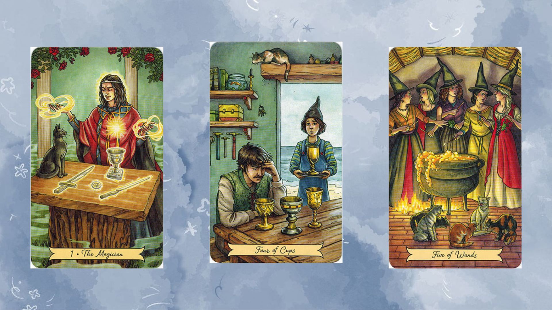 trải bài tuần mới gồm The Magician – Four of Cups – Five of Wands