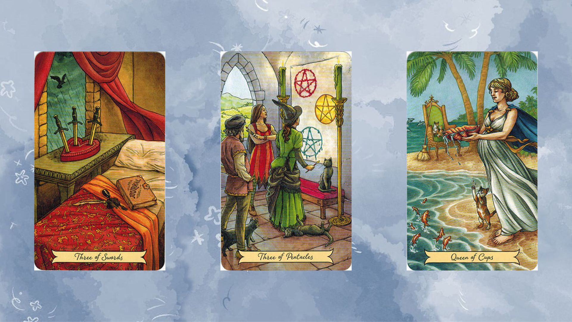 tụ bài tarot dự đoán tuần số 2 gồm Three of Swords – Three of Pentacles – Queen of Cups