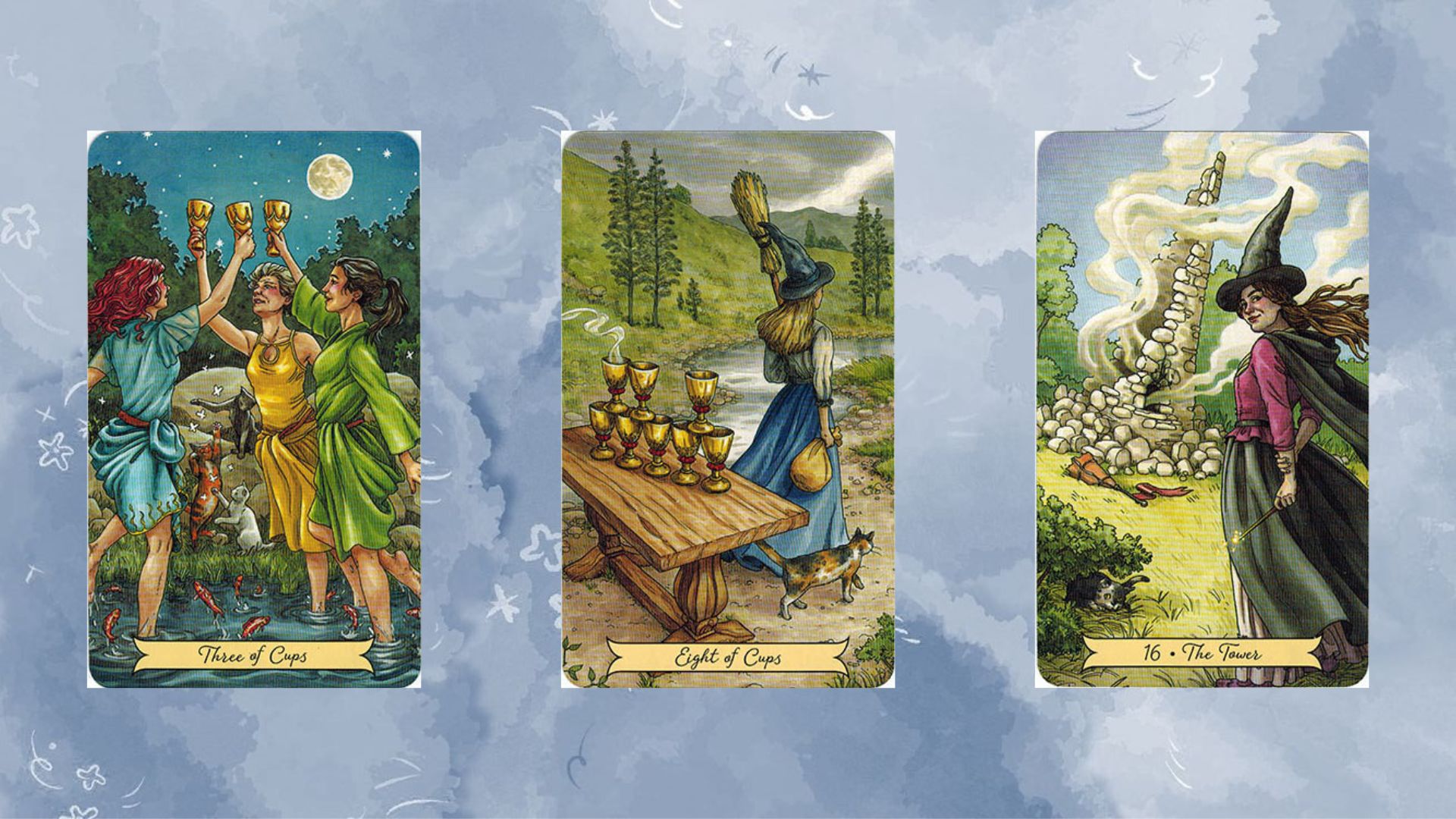 trải bài dự đoán tuần gồm Three of Cups – Eight of Cups – The Tower