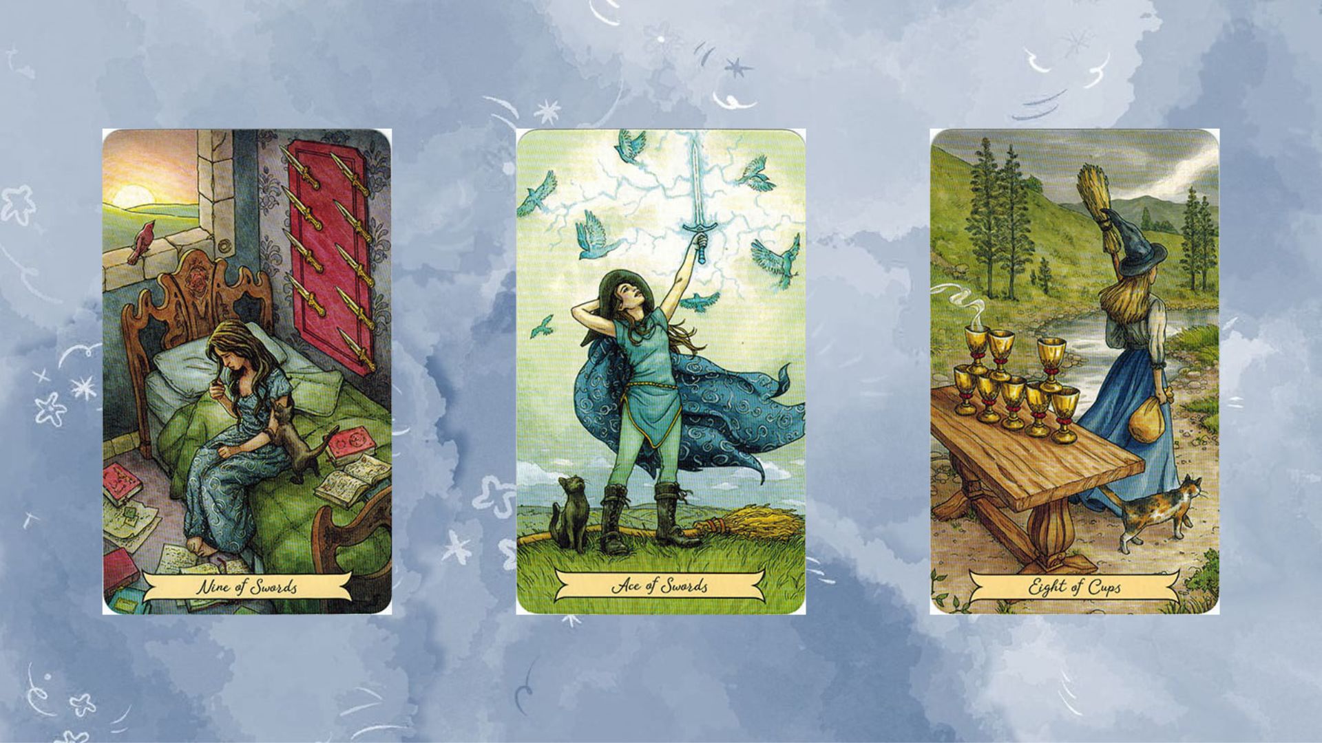 tụ bài tarot 1 gồm Nine of Swords – Ace of Swords – Eight of Cups
