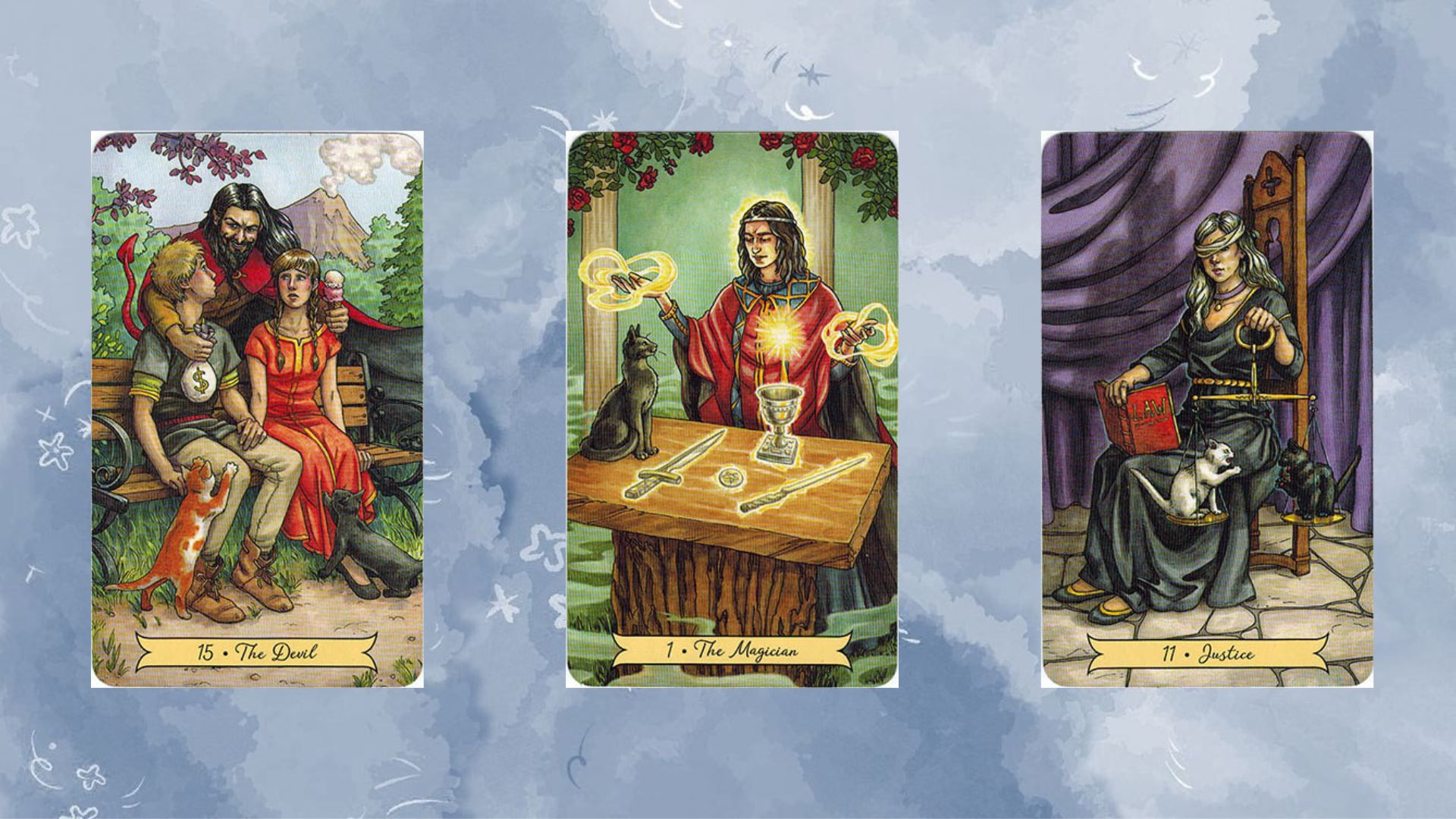 trải bài tarot gồm The Devil – The Magician – Justice