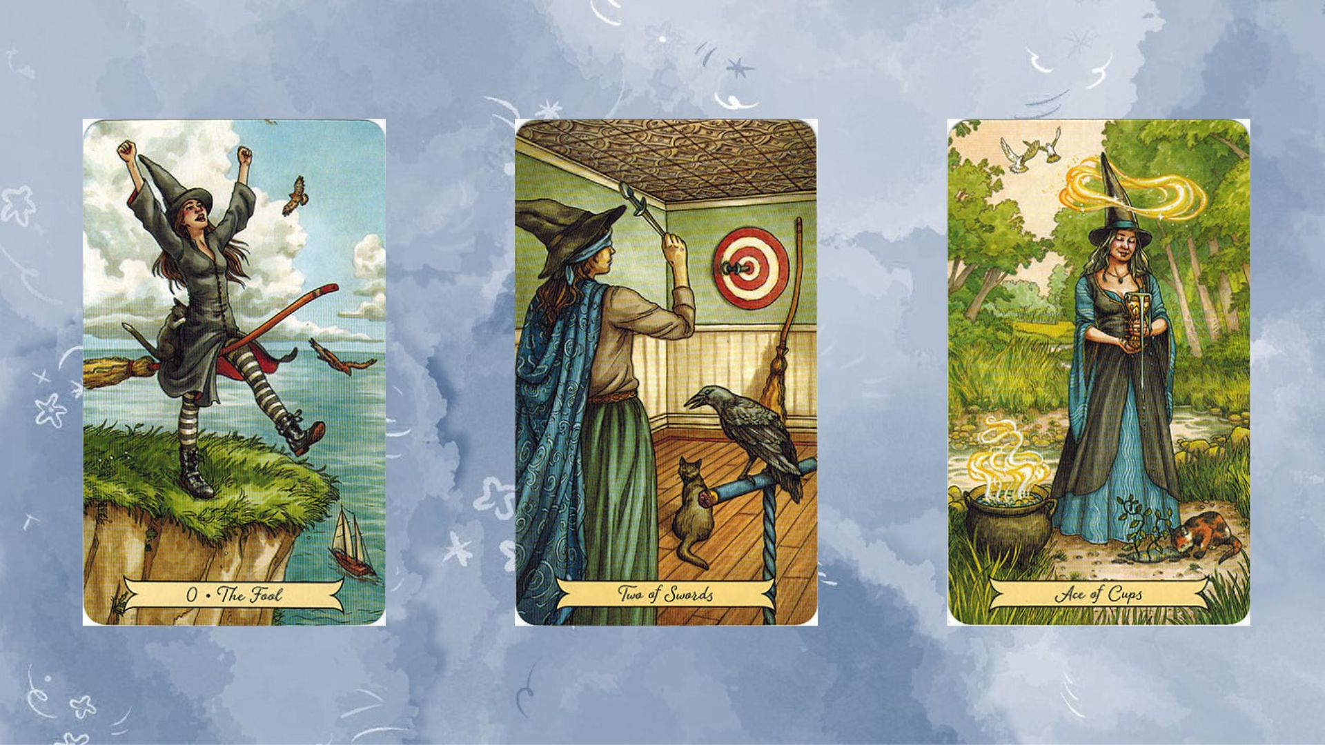 trải bài gồm các lá bài The Fool – Two of Swords – Ace of Cups