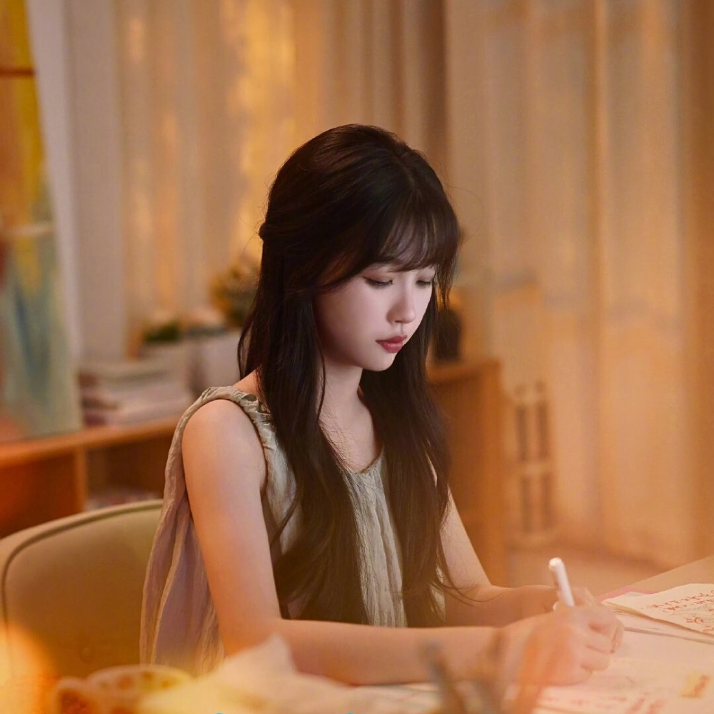 Nữ diễn viên xõa tóc, ngồi cầm bút trên bàn làm việc.