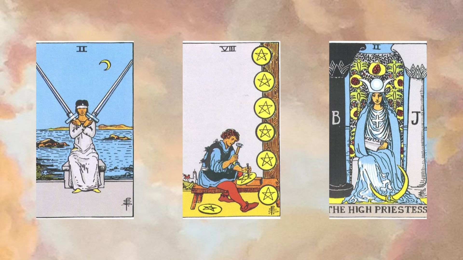 tarot tuần mới tụ 2 Two of Swords – Eight of Pentacles – The High Priestess  