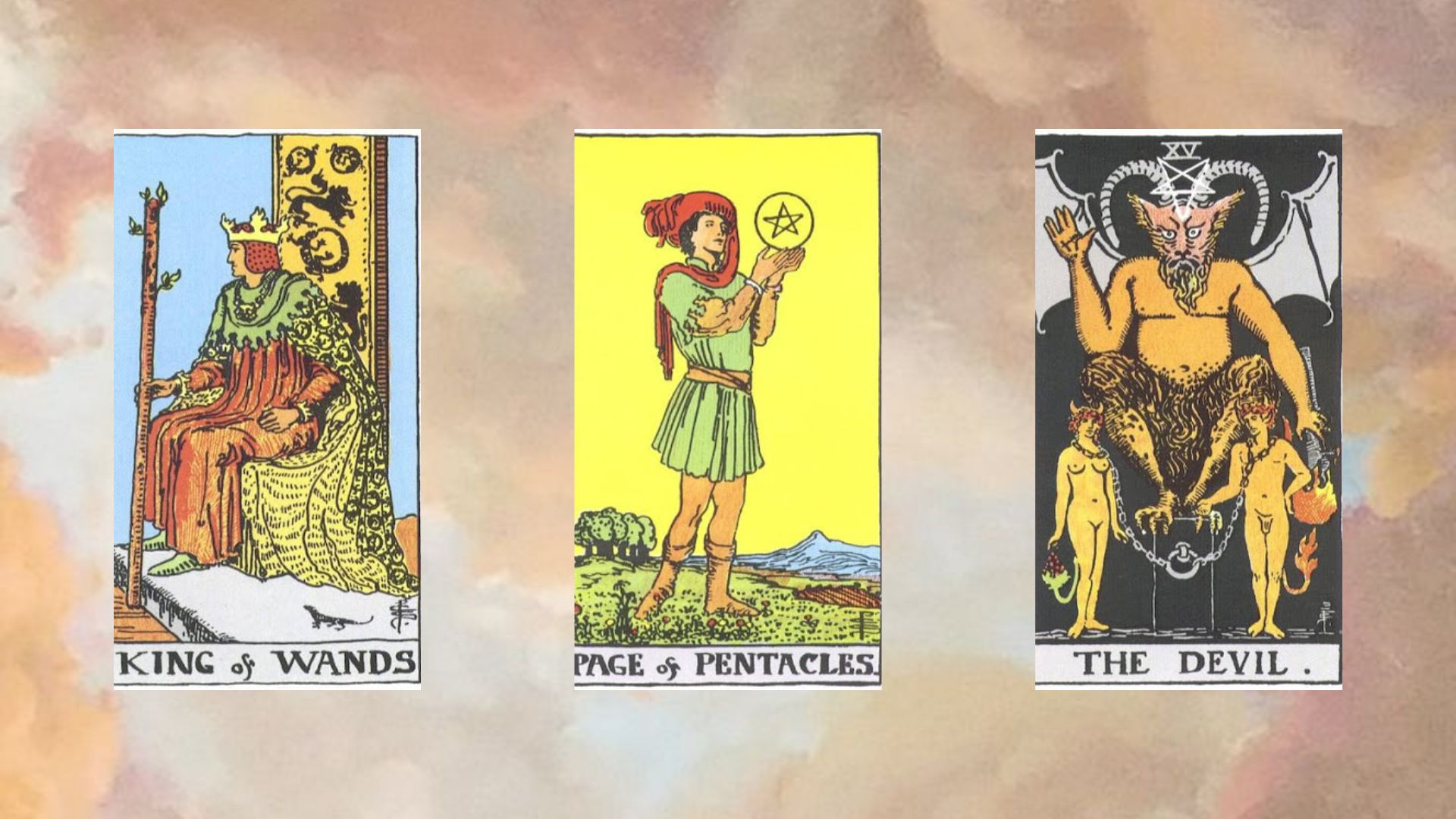 trải bài gồm King of Wands – Page of Pentacles – The Devil