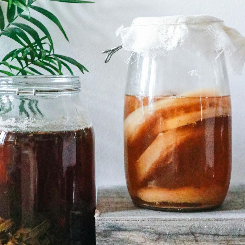 trà kombucha đựng trong hũ thủy tinh - nguồn probiotic dồi dào