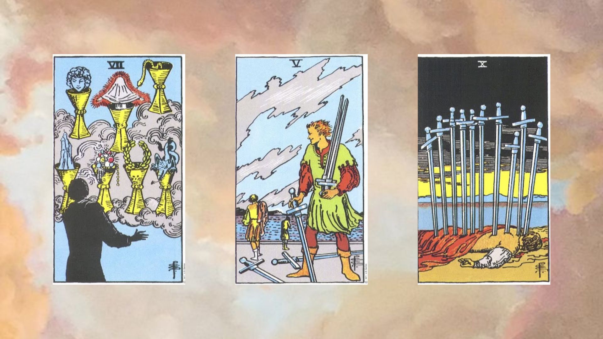 trải bài tarot tụ 1 gồm Seven of Cups – Five of Swords – Ten of Swords