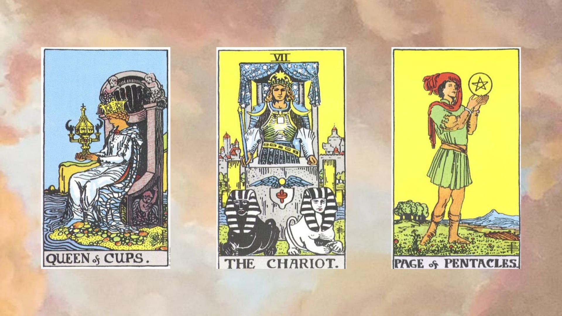 trải bài tarot tụ gồm Queen of Cups – The Chariot – Page of Pentacles