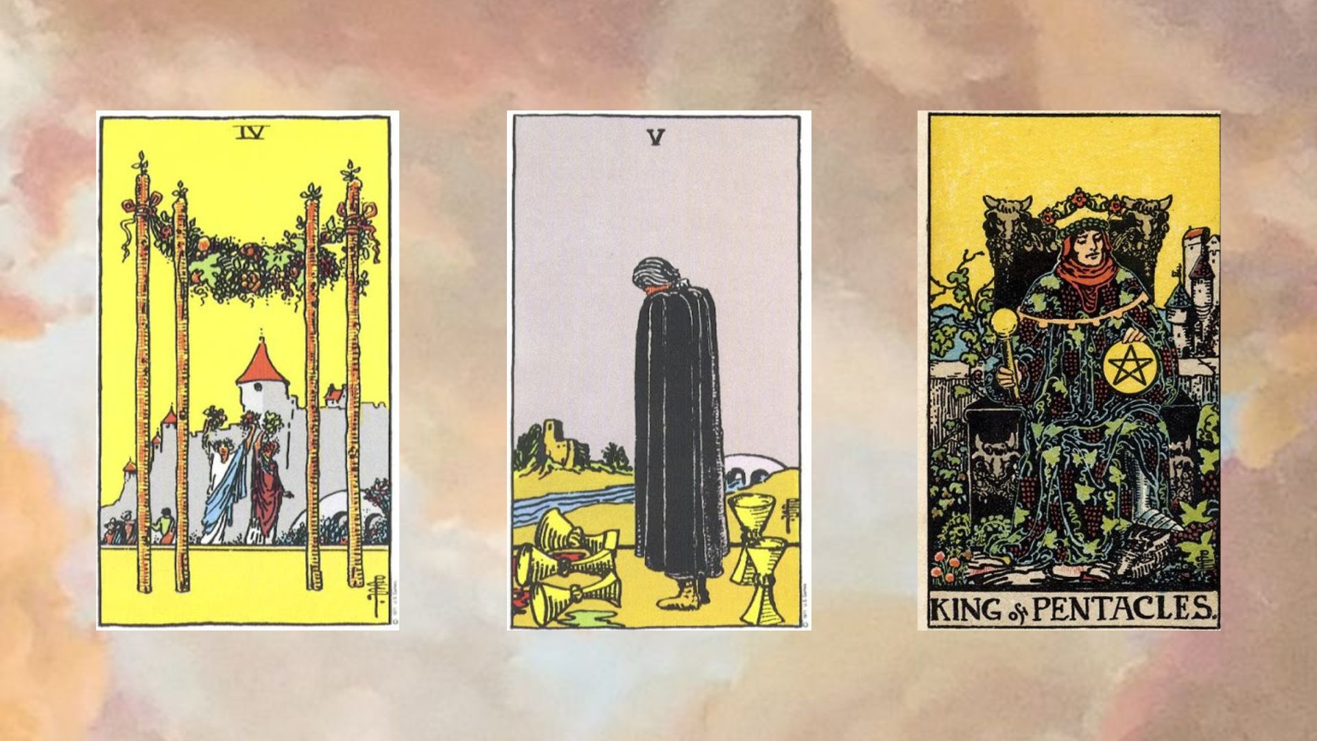 tụ bài tarot gồm Four of Wands - Five of Cups - King of Pentacles