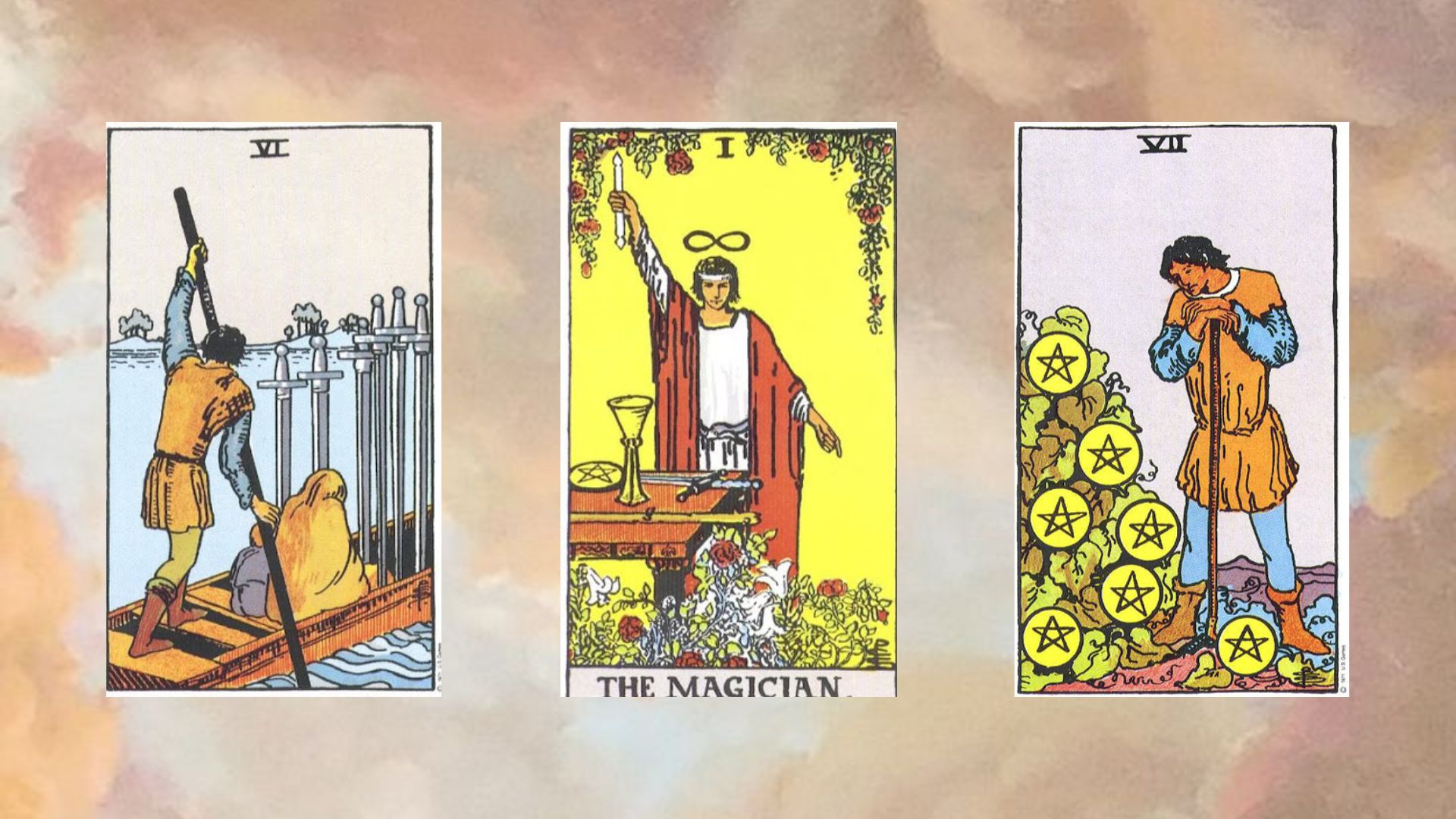 trải bài gồm Six of Swords - The Magician - Seven of Pentacles