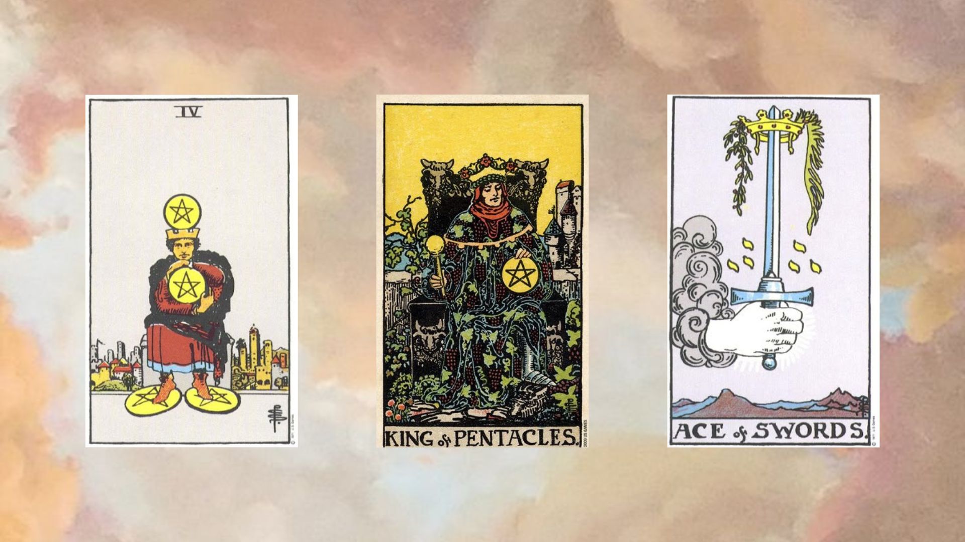 rải bài tarot gồm Four of Pentacles – King of Pentacles – Ace of Swords