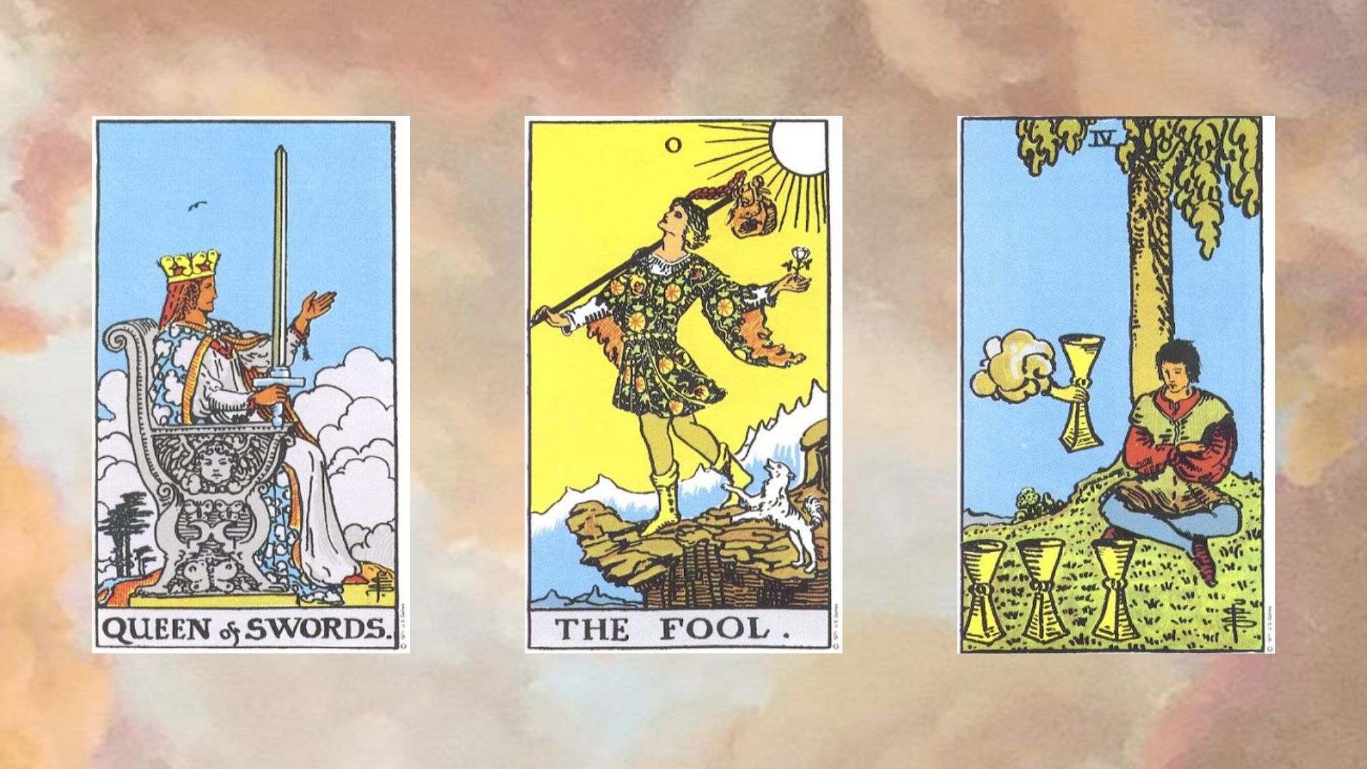 trải bài tarot tuần mới gồm Queen of Swords - The Fool - Four of Cups