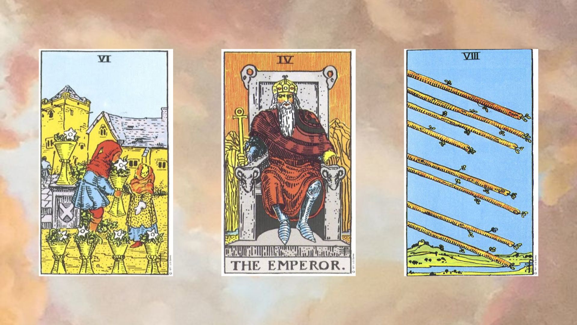 trải bài tarot gồm Six of Cups - The Emperor - Eight of Wands