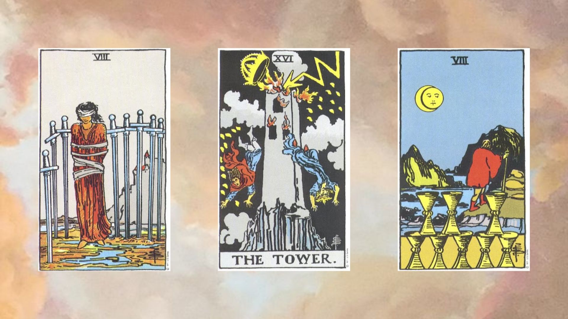 trải bài gồm Eight of Swords - The Tower - Eight of Cups