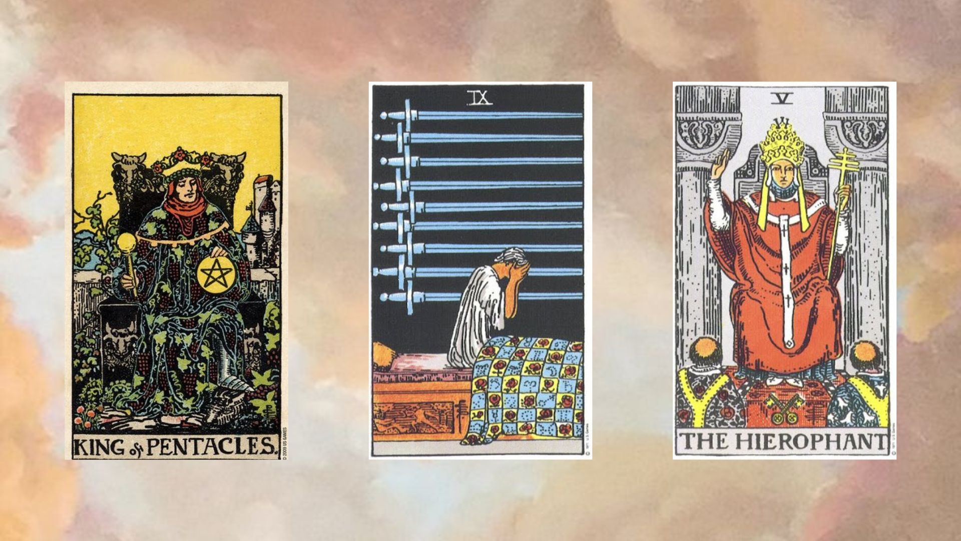trải bài tarot gồm King of Pentacles - Nine of Swords - The Hierophant