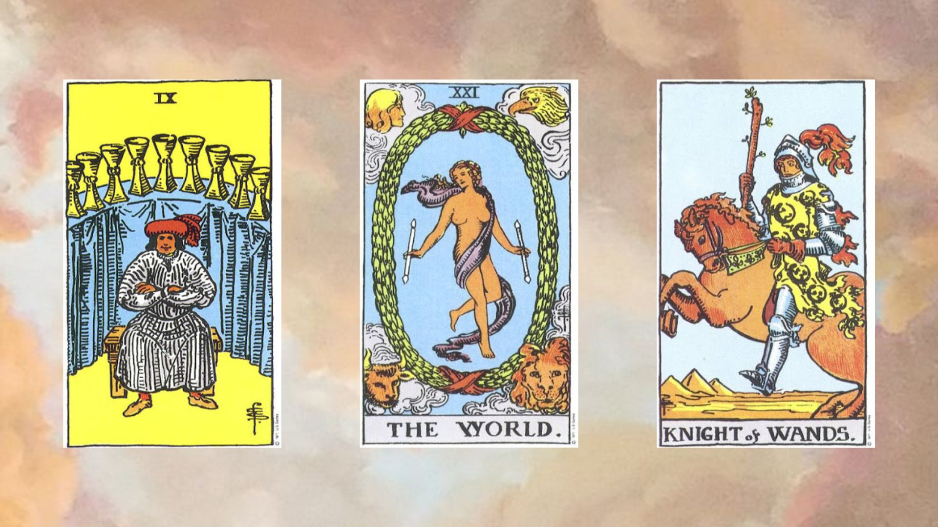 trải bài tarot gồm Nine of Cups - The World - Knight of Wands