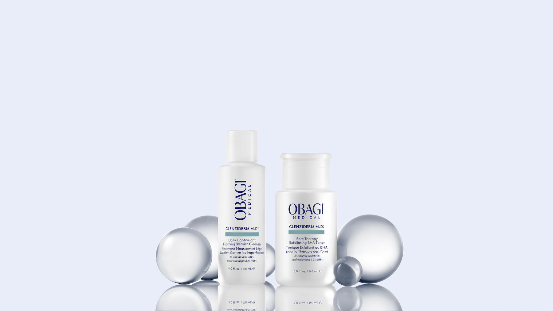 Bộ đôi OBAGI Clenziderm M.D. gồm Daily Lightweight Foaming Blemish Cleanser và Pore Therapy Exfoliating BHA Toner, giải pháp chăm sóc da dầu mụn toàn diện.