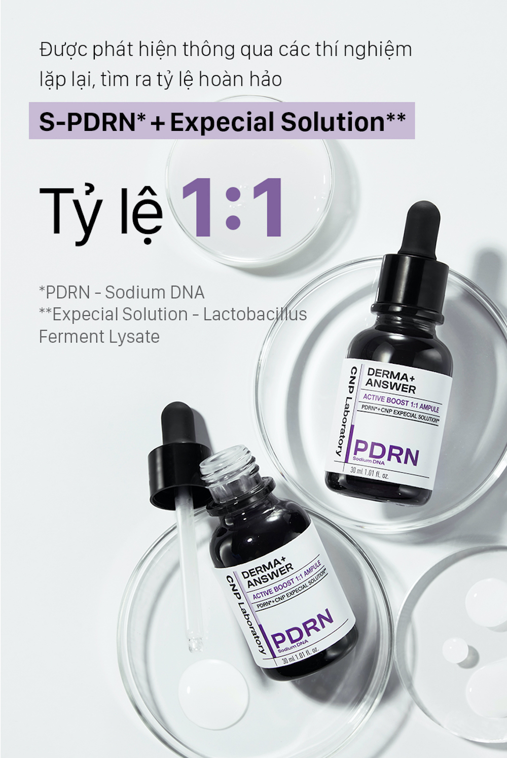 CNP Derma Answer PDRN kết hợp Expecial Solution tỷ lệ 1:1 giúp tái tạo da tối ưu.