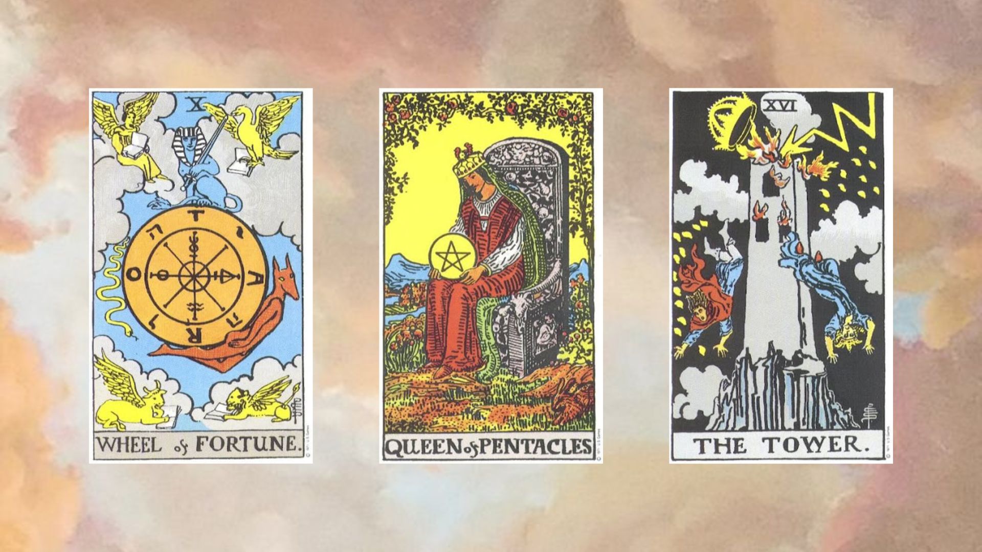 trải bài tarot gồm Wheel of Fortune - Queen of Pentacles - The Tower