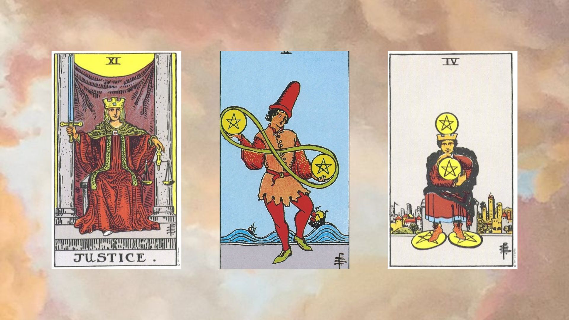 trải bài tarot gồm Justice - Two of Pentacles - Four of Pentacles