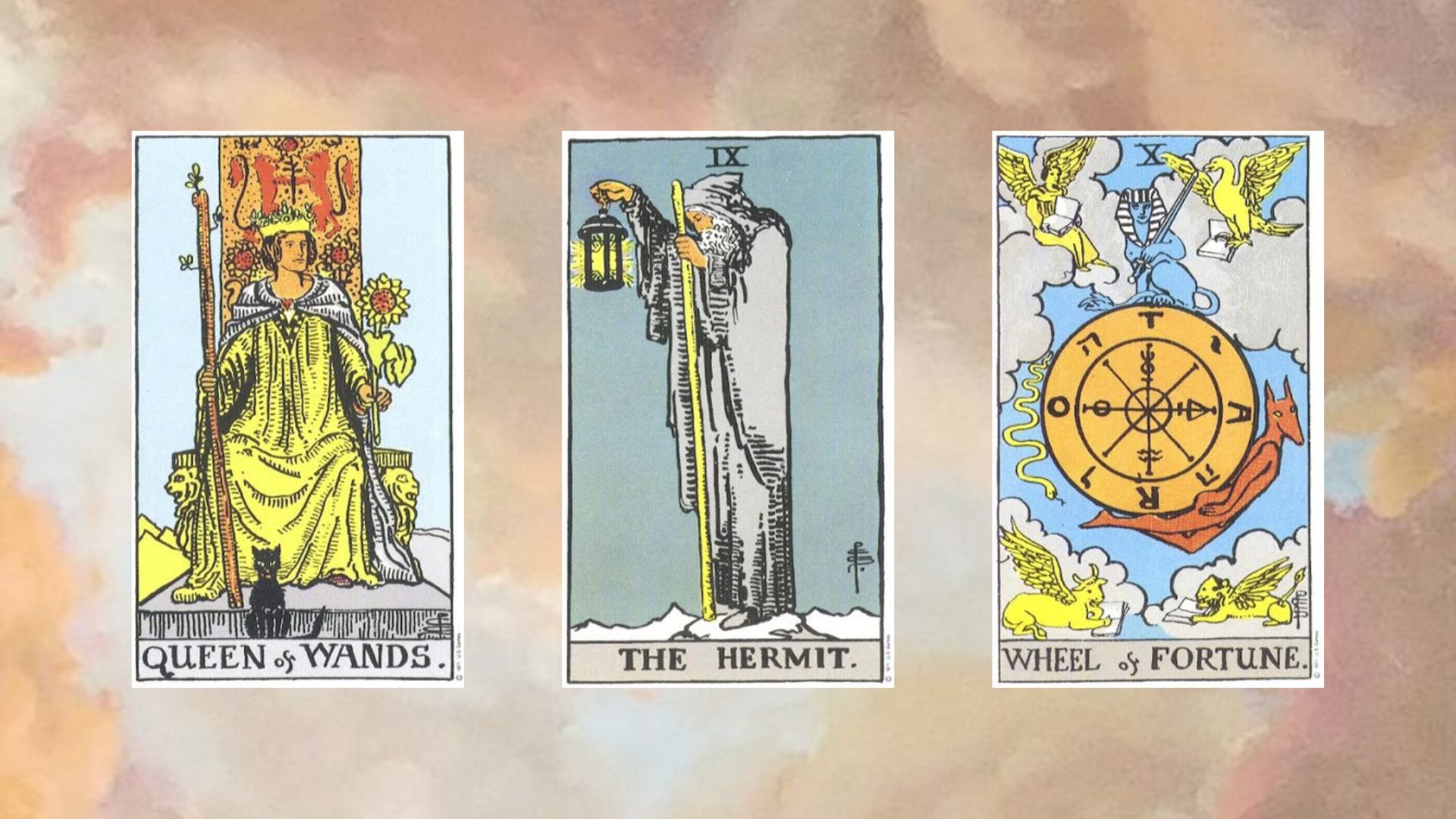 tụ bài gồm Queen of Wands - The Hermit - Wheel of Fortune