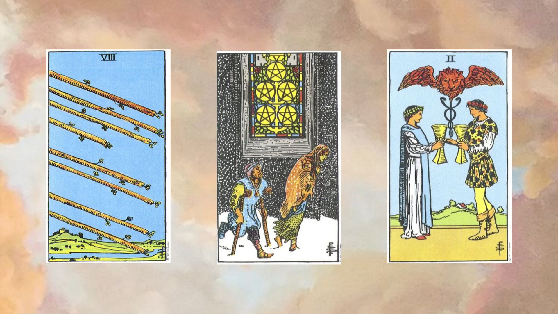 trải bài tarot tuần 12/5 gồm Eight of Wands - Five of Pentacles - Two of Cups
