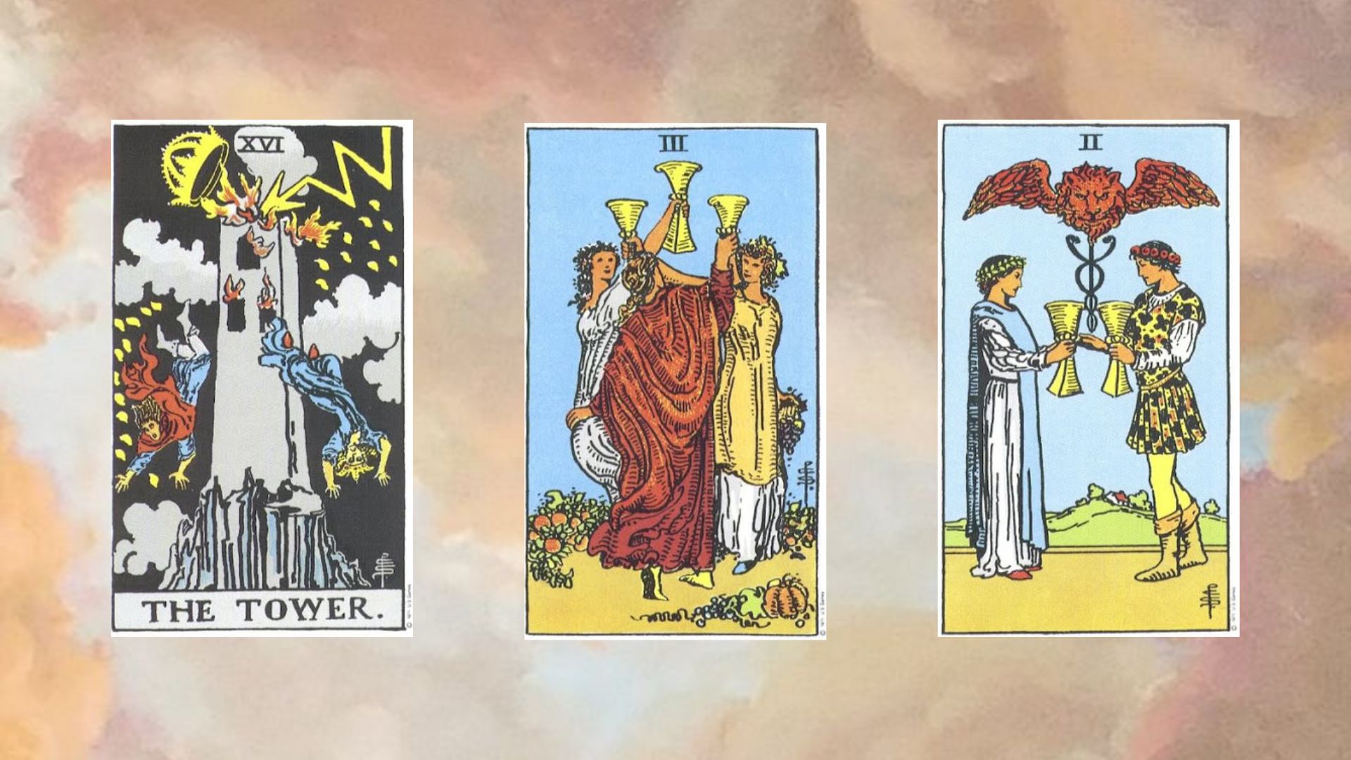 tari3 bài tarot gồm The Tower - Three of Cups - Four of Cups