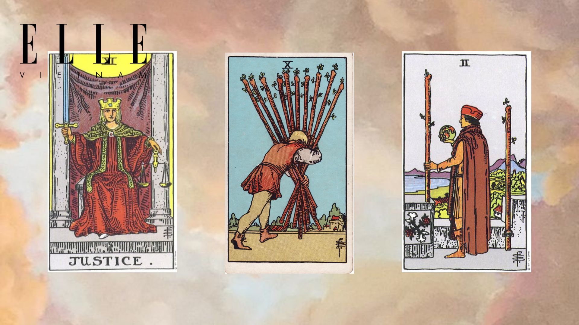 trải bài tarot tuần mới gồm các lá bài Justice - Ten of Wands - Two of Wands