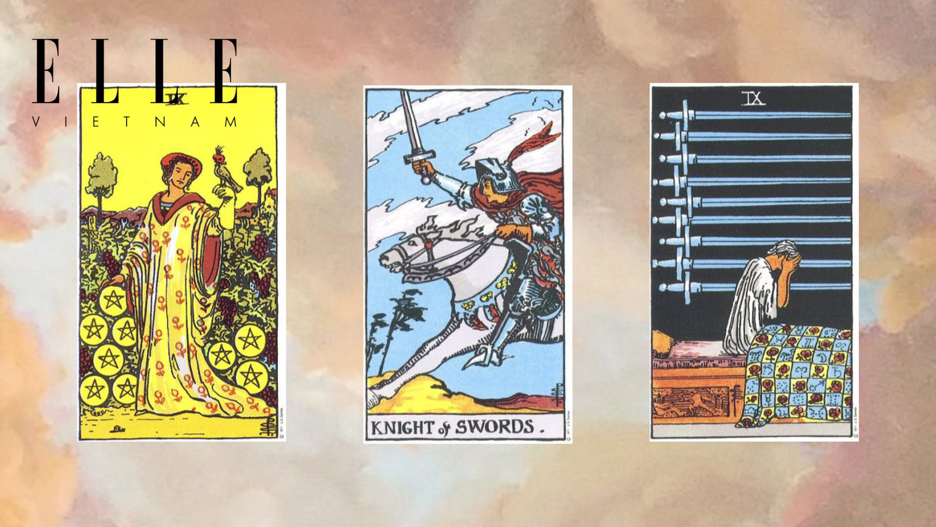trải bài tarot gồm Nine of Pentacles - Knight of Swords - Nine of Swords