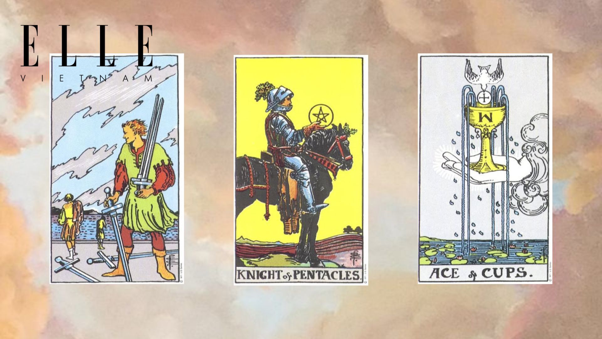 trải bài gồm Five of Swords - Knight of Pentacles - Ace of Cups
