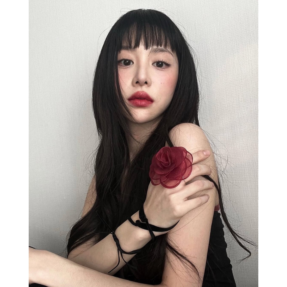 Cô gái cầm bông hoa hồng nhung đỏ
