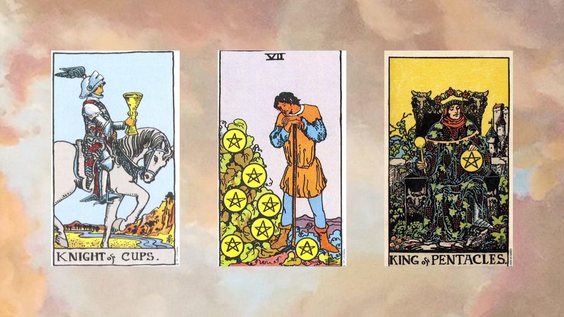 trải bài tarot tuần mới từ 26/5 đến 1/6 gồm Knight of Cups, Seven of Pentacles, King of Pentacles