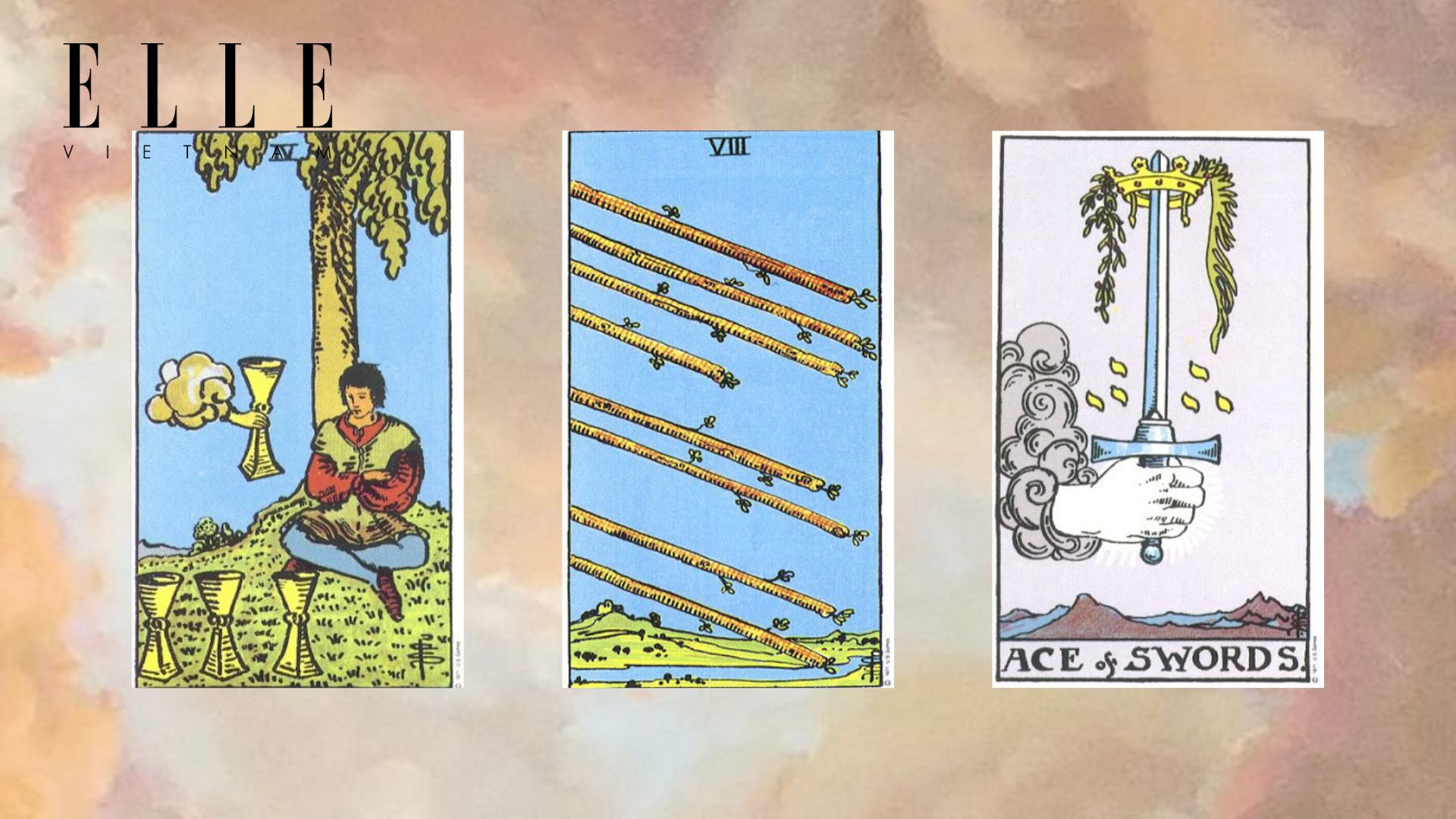 trải bài tarot gồm Four of Cups - Eight of Wands - Ace of Swords 