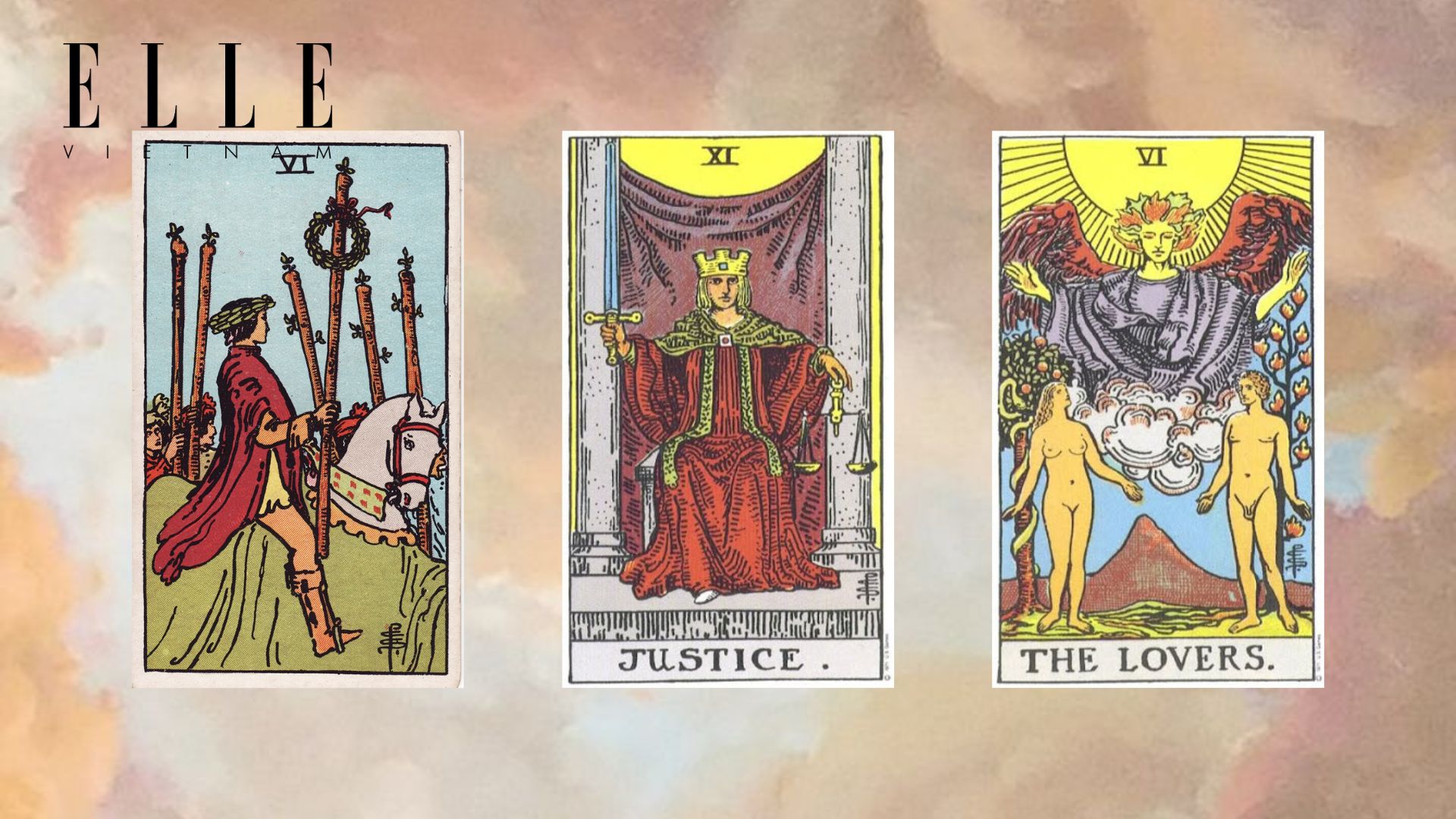 trải bài tarot gồm Six of Wands - Justice - The Lovers