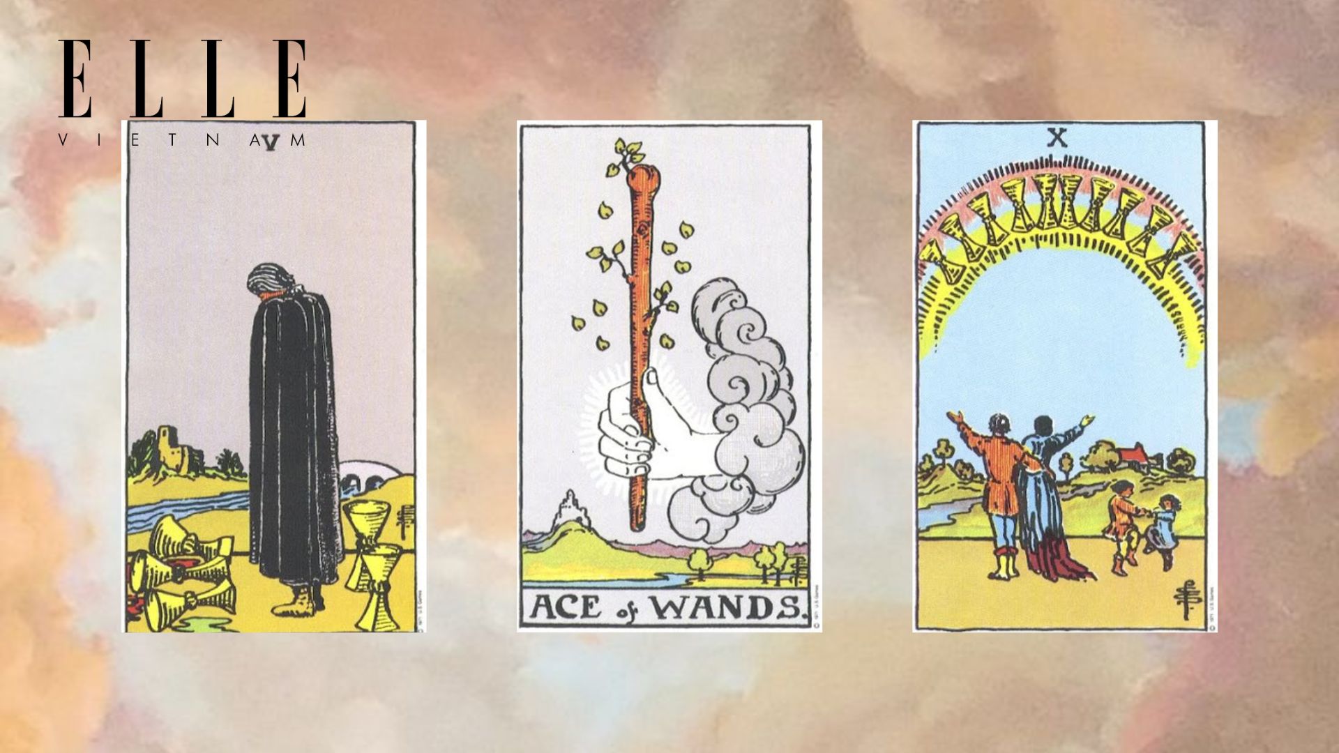 trải bài gồm Five of Cups - Ace of Wands - Ten of Cups