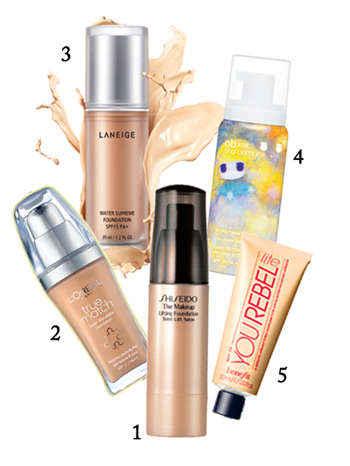 1.Phấn nền Shiseido 2.Phấn nền L'oréal 3.Phấn nền Laneige 4.Lót trang điểm dạng mousse Shu Uemura 5.Kem dưỡng có màu Benefit