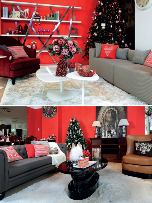 Một ví dụ về sự sắp đặt hoàn hảo giữa màu đỏ trên không gian chung, xám bạc ở sofa. Tất cả cộng hưởng với màu nâu và đỏ rượu vang lịch lãm của ghế bành và trắng tuyết trang nhã của tấm thảm êm ái.