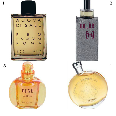 1. Acqva di Sale Profumum 2. Nu Be 3. Dune Dior 4. Eau des Merveilles Hermès.