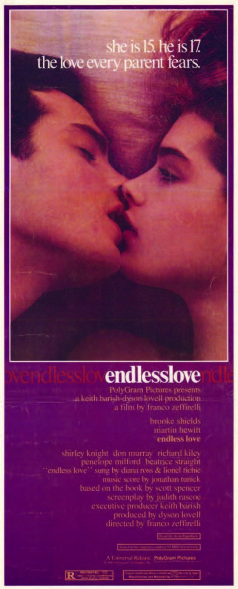 Endless love năm 1981 Bộ phim Endless love ra mắt năm 1981 có sự góp mặt của hai diễn viên Brooke Shields và Martin Hewitt. Bài hát trong phim Endless love do Diana Ross và Lionel Richie thể hiện đã trở thành tác phẩm đứng số 1 bảng xếp hạng Billboard 100 vào thời điểm đó. Dẫu được khán giả đón chào nhiệt liệt nhưng bộ phim chịu sự phê phán từ tác giả cuốn sách, Scott Spencer. Ông coi tác phẩm điện ảnh này chỉ là thứ đáng vứt vào sọt rác.