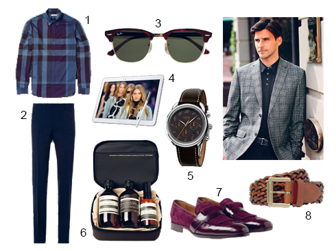 1.Áo sơmi Burberry Brit 2.Quần Burberry London 3.Kính mát Rayban 4.Samsung Galaxy Note 10.1 phiên bản 2014 5.Đồng hồ Hermès 6.Bộ sản phẩm dưỡng da cho nam Aesop 7.Giày da lộn Jimmy Choo 8.Thắt lưng Mulberry