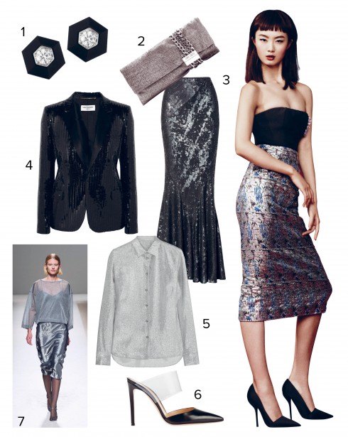 Người mẫu: Váy ánh bạc, áo bustier đính đá, giày Christian Dior 1. Hoa tai Fred Leighton2.Clutch Jimmy Choo 3.Váy dài Donna Karan 4.Áo blazer Saint Laurent 5.Áo sơmi Stella McCartney 6.Giày cao gót Gianvito Rossi 7.Max Mara