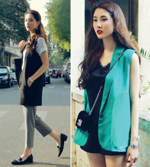 Ảnh trái: Áo vest Rue De Chats, Sơmi và quần Âu Ren - Ảnh phải: Áo vest It's Happened To Be A Closet, Ví Zara, Vòng tay Floralpunk 