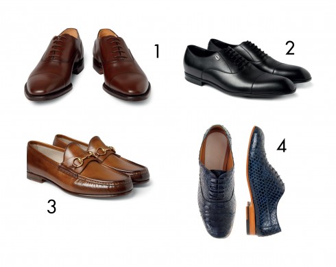 1. Giày Oxford da bê màu nâu bóng 2. Giày Oxford cột dây của Gucci 3. Giày Loafer Gucci 4. Giày Oxford da rắn của Maison Martin Margiela