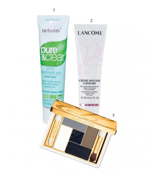 1.Gel trị mụn Nelsons 2.Sữa rửa mặt tạo bọt Lancôme 3.Phấn mắt tạo mắt khói Estée Lauder