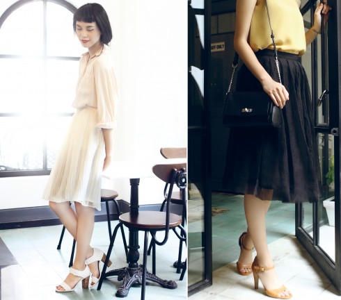 Trái: Áo sơmi, chân váy Truly Lam (Lam Boutique), Giày Ecco Phải: Chân váy Lam Boutique, Giày, túi Ecco