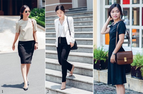 1.Áo Rue De Chats, Váy Mango, Giày Jimmy Choo, Kính Rayban 2.Sơ mi & áo blazer Mango, Quần Rue De Chats, Giày Charles David, Túi Prada 3.Đầm Truly Lam (Lam Boutique), Túi Céline, Đồng hồ Rolex