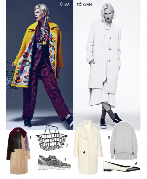 Trái: Trang phục và phụ kiện Chanel - Phải: Áo len, váy, áo khoác THE ROW; Giày PUBLIC SCHOOL; Vớ DKNY