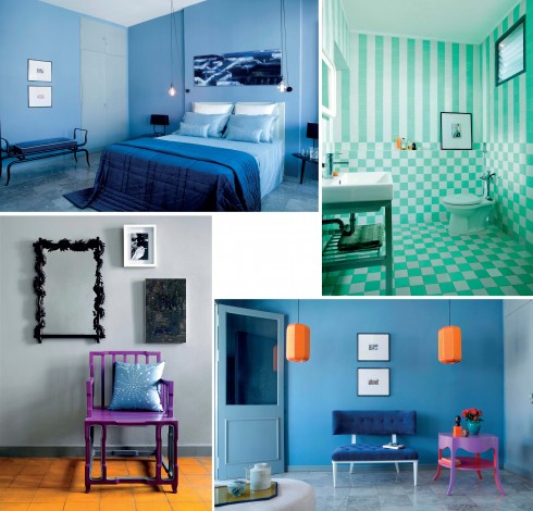 Phòng ngủ mang hơi thở thập niên 50 với chăn nhung cotton Carlotta, ghế dài Isis và phòng tắm trang trí họa tiết kiểu bàn cờ trên nền màu pastel.